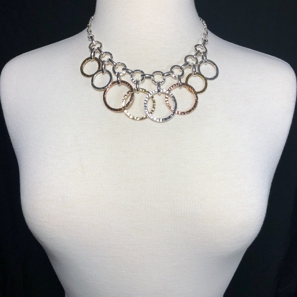 Hammered Ring Drop Tri-tone Necklace Earrings Set - Picture 3 of 3